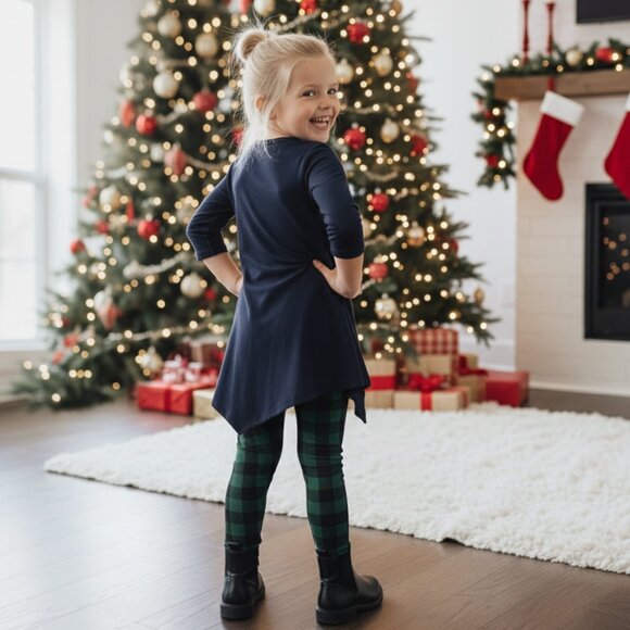 S/L NEW Girls Green Plaid Christmas Leggings, Luxury Soft Kids Yoga Pants - Picture 4 of 9